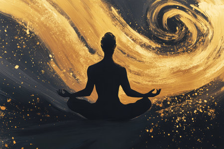 A minimalist and poetic illustration of a person sitting cross legged, their breath transforming into swirling golden light, representing deep meditation and conscious awareness.の素材