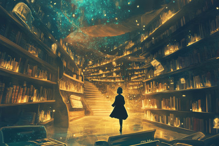 A whimsical and dreamlike illustration of a person walking through a library where books glow with the lessons of life, symbolizing learning, wisdom, and self improvement.の素材