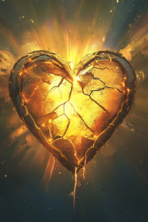 A surreal and abstract illustration of a heart with cracks filled with golden light, symbolizing the beauty in healing and emotional growth.の素材