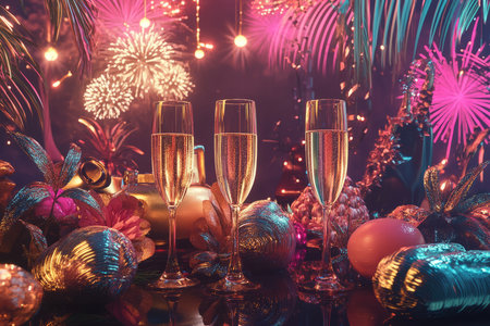 A luxurious New Year Eve party scene with champagne glasses clinking under bursts of fireworks, neon lights, and shimmering golden fonts.の素材