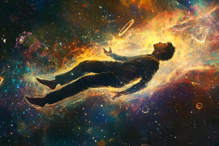 A surreal digital painting of a person floating in the universe, surrounded by cosmic energy, representing deep meditation and spiritual awakening.の素材