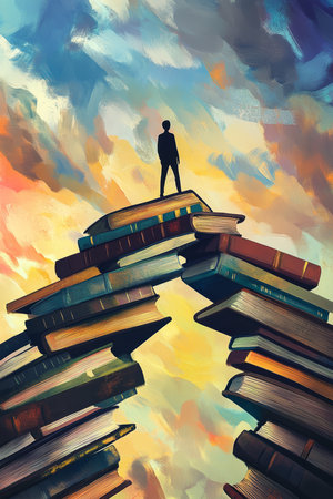 A dynamic and uplifting illustration of a person standing on a bridge made of books and knowledge, looking ahead with determination, symbolizing learning from experience and using wisdom to navigate life difficulties.の素材