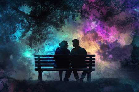 A soft and reflective digital painting of two people sitting on a park bench, their conversation surrounded by a glowing aura, symbolizing deep communication and understanding.の素材