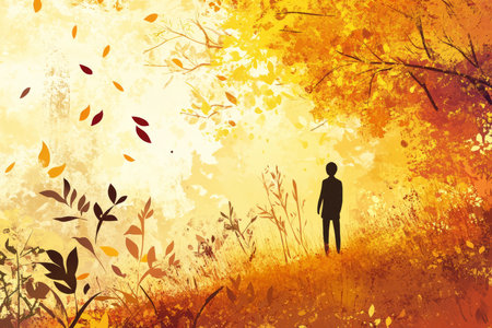 A dreamy and peaceful illustration of a person standing at the edge of a golden forest, the leaves changing colors around them, representing transformation and accepting change.の素材
