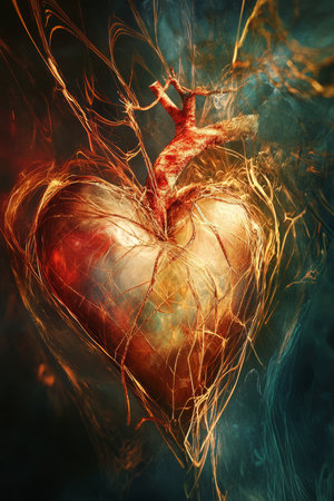 A powerful and abstract digital painting of a shattered heart being carefully stitched back together with golden threads, symbolizing resilience, growth, and emotional healing.の素材