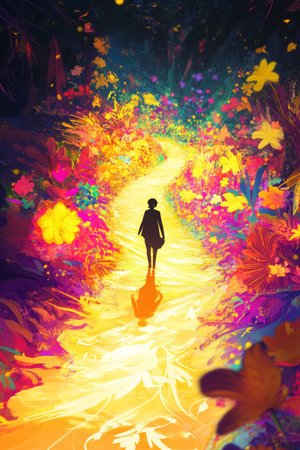 A vibrant digital painting of a person walking along a golden path, with bright, glowing flowers blooming along the way, symbolizing the journey of personal development and growth.の素材