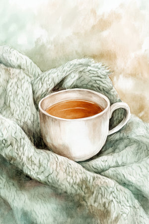 A heartfelt digital watercolor card with a warm cup of tea, a cozy blanket, and gentle words of comfort for a friend recovering.の素材