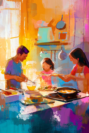 A colorful digital painting of a family cooking breakfast together, full of laughter and warmth.の素材