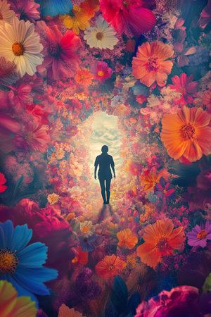 A surreal and symbolic digital painting of a person walking out of a cocoon of darkness, stepping into a field of vibrant flowers, representing personal growth, transformation, and emotional healing.の素材