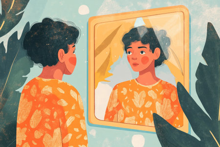 A dreamy and inspiring illustration of a person looking at themselves in the mirror, their reflection filled with self love and confidence, symbolizing self acceptance and emotional recovery.の素材