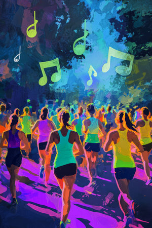 A vibrant digital painting of a group doing an outdoor workout, with music notes floating in the background, symbolizing fun and fitness.の素材