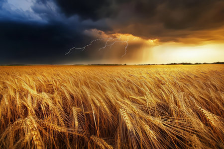 A golden wheat field swaying in the wind under a dramatic stormy sky, with lightning illuminating the horizon in the distance.の素材