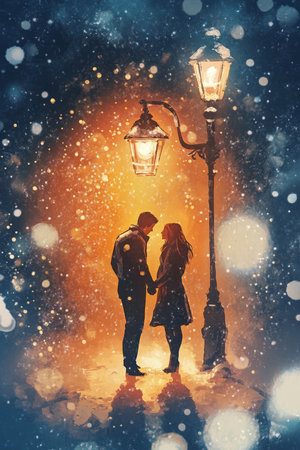 A romantic digital painting of a couple holding hands under a glowing streetlamp, surrounded by softly falling snow, capturing the warmth of love.の素材