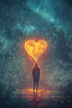 A heartfelt digital painting of a person standing in the rain, their heart slowly transforming into a glowing, resilient object, symbolizing the healing process after heartbreak.の素材