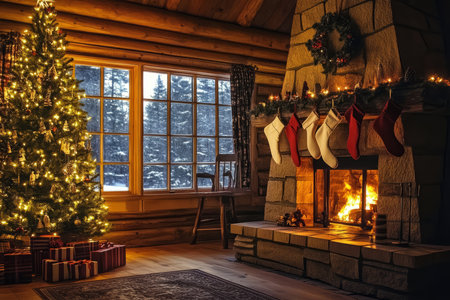 A cozy holiday cabin scene with a roaring fire, twinkling Christmas tree, and cut paper decorations in the windows.の素材
