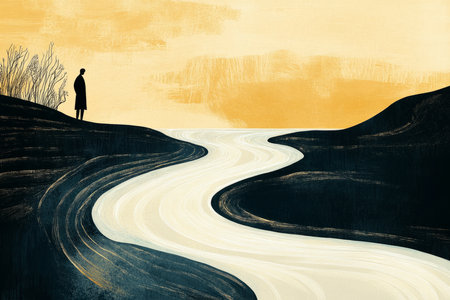 A poignant illustration of a person standing near a river, watching the water flow with smooth, calming ripples, symbolizing emotional release and moving forward after loss.の素材