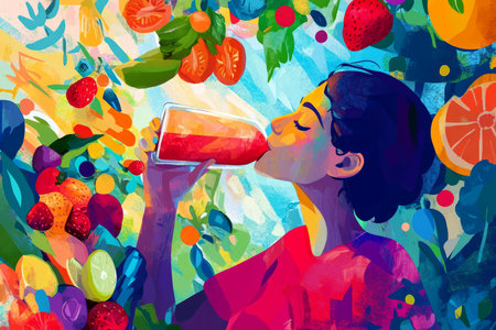 A vibrant digital painting of a person drinking a healthy smoothie, surrounded by vibrant fruits and vegetables, promoting nutritious habits as part of a daily routine.の素材