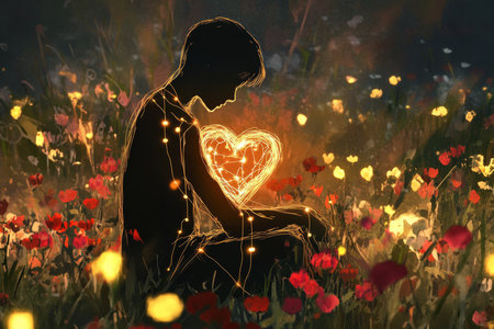 A poignant and emotional illustration of a person sitting in a field of flowers, their heart slowly mending with glowing threads of light, symbolizing healing from heartbreak.の素材