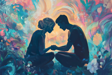 A deeply emotional illustration of two people sitting in silence, one gently holding the other's hand, symbolizing quiet support, empathy, and unspoken understanding.の素材