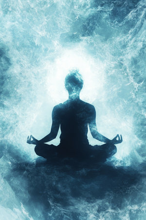 A peaceful digital painting of a person meditating with a soft, glowing aura surrounding them, symbolizing the mental clarity and calmness that mindfulness offers.の素材