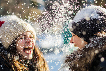 A snowball fight between friends, their faces lit up with laughter as snowflakes fill the air.の素材