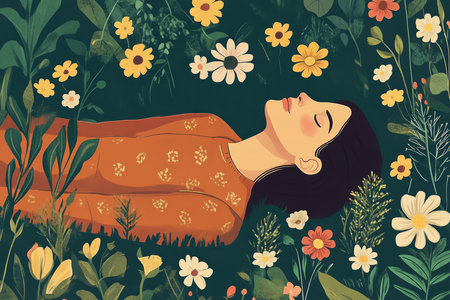 A calm illustration of a person lying in a peaceful garden, surrounded by blooming flowers, symbolizing the healing journey and the peacefulness of recovery.の素材