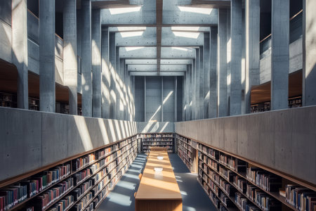A brutalist library with enormous concrete bookshelves, long narrow windows allowing beams of light to pass through, and a minimalist, industrial aesthetic.の素材