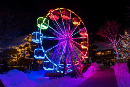 A glowing holiday ferris wheel at a winter festival, with each gondola lit up in a different rainbow color.の素材