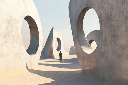 A surreal desert where massive, floating keyholes hover above the sand, revealing glimpses of alternate realities.の素材