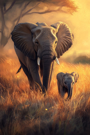 A peaceful and gentle digital painting of a mother elephant walking through the savannah with her baby, bathed in golden evening light.の素材