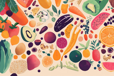 An illustrated spread of rainbow colored foods, including fruits, vegetables, and grains, arranged in a heart shape to promote the idea of a colorful, nutrient rich diet for optimal health.の素材