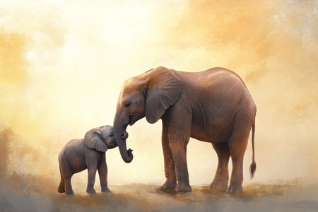 A heartwarming illustration of a mother elephant gently wrapping her trunk around her baby, standing under a twilight sky. The gentle shading and warm colors evoke feelings of love and protection.の素材