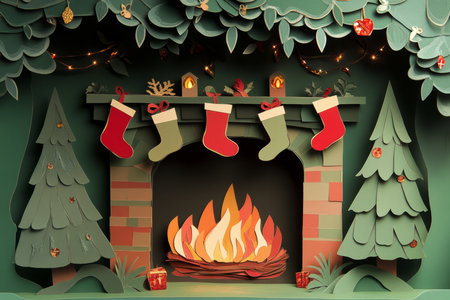A beautifully layered paper cut fireplace scene, with tiny paper stockings hanging above flickering paper flames.の素材