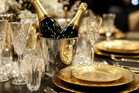 A luxurious New Year Eve table setting with golden plates, crystal glasses, and a bottle of champagne chilling in an ice bucket.の素材