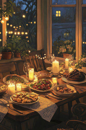 A nostalgic and heartwarming illustration of a cozy dinner table, with soft candlelight and delicious food, setting the scene for a romantic evening.の素材