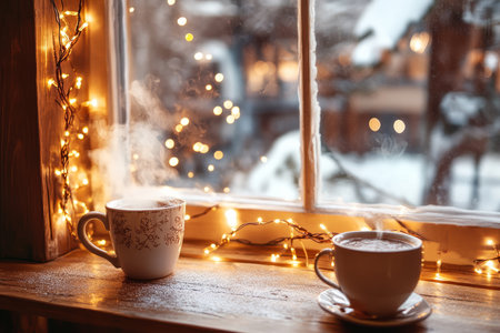 A warm and cozy winter cafÃ© scene, with steam rising from mugs of hot cocoa, twinkling fairy lights, and a snowy window view.の素材