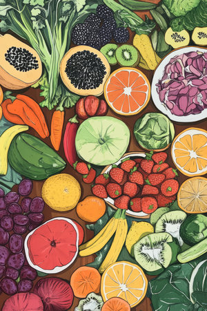 A vibrant, hand drawn illustration of a table filled with bright fruits and vegetables, promoting the benefits of a healthy diet and nourishing the body.の素材