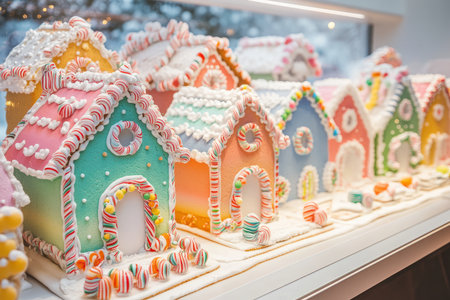 A classic holiday bakery window filled with rainbow colored gingerbread houses, intricately decorated cookies, and festive candy canes.の素材