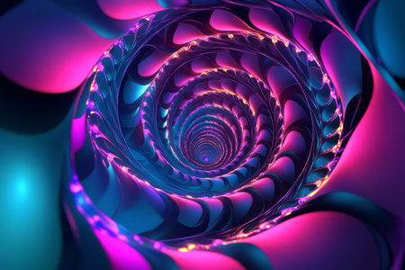 A mesmerizing fractal pattern of glowing neon spirals, forming an infinite vortex of color and movement.の素材