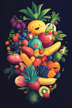 A stylized and educational illustration of vitamins and nutrients personified as friendly, glowing characters, symbolizing the importance of a balanced diet.の素材
