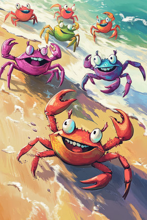 A colorful, fun illustration of a group of friendly crabs walking along a beach, their shells in various bright hues, each crab looking cheerful and quirky.の素材