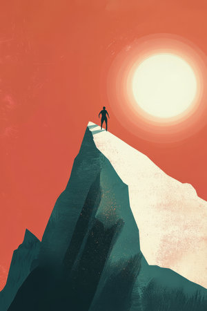 A serene landscape illustration of a person climbing a mountain with a bright light at the summit, symbolizing strength, perseverance, and the journey to overcome emotional hurdles.の素材
