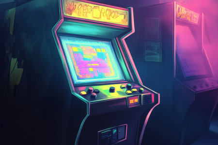 A fun and nostalgic digital painting of a classic 90s arcade machine, glowing in a dimly lit room, with pixelated graphics on the screen.の素材