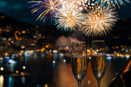 A New Year celebration scene with sparkling champagne glasses clinking under an explosion of colorful fireworks in the night sky.の素材