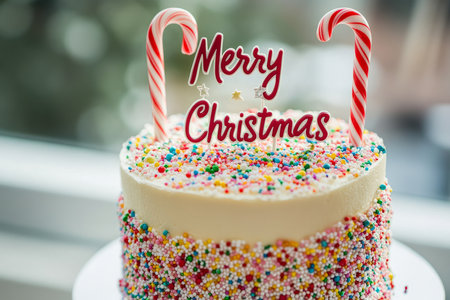 A holiday cake covered in rainbow sprinkles, candy canes, and a festive Merry Christmas topper.の素材