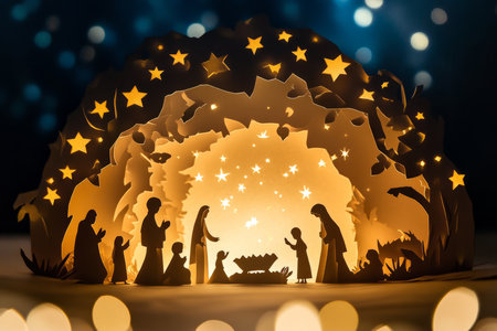 A delicate paper nativity scene with tiny hand cut figures placed under a paper crafted starry sky.の素材