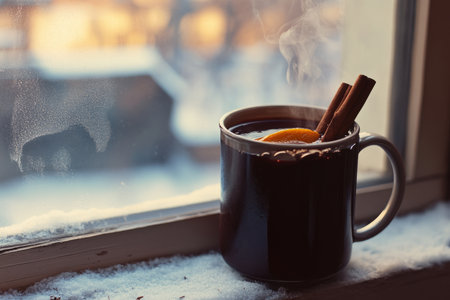 A steaming mug of mulled wine, garnished with cinnamon sticks and orange slices, sitting on a snowy windowsill.の素材
