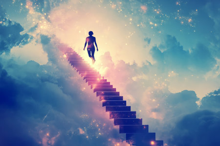 A surreal illustration of a person climbing an infinite staircase in the sky, each step made of past struggles turning into glowing lessons, symbolizing perseverance, growth, and the journey of self improvement.の素材