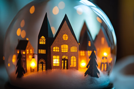 A layered paper snow globe featuring a tiny, hand crafted Christmas town with glowing paper cut lanterns.の素材