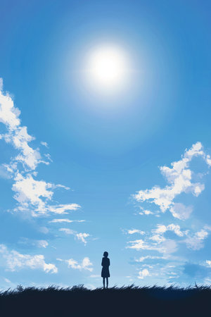 An illustration of a clear, bright sky with a silhouette of a person gazing ahead, symbolizing mental clarity and the ability to focus in moments of distraction.の素材